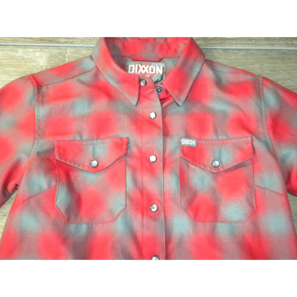 Dixxon Pulaski Flannel Shirt Womens M Red Gray Check Plaid Pearl Snap Biker Chic - Picture 3 of 8
